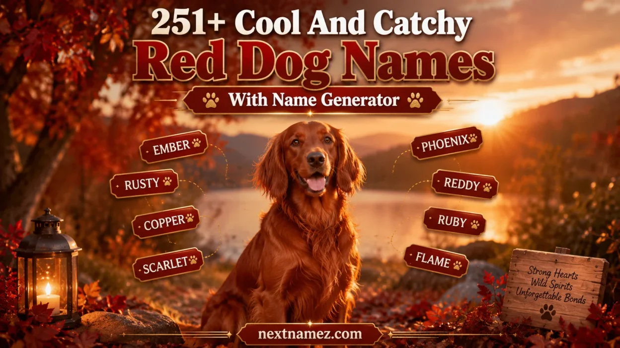 251+ Cool And Catchy Red Dog Names With Name Generator featuring a cute red-coated dog with creative naming ideas.