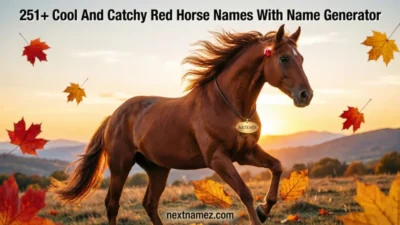 Majestic red horse standing in a sunset field with creative name ideas for a red horse names blog.