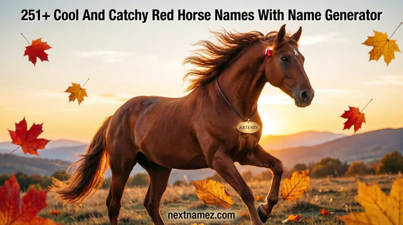 Majestic red horse standing in a sunset field with creative name ideas for a red horse names blog.
