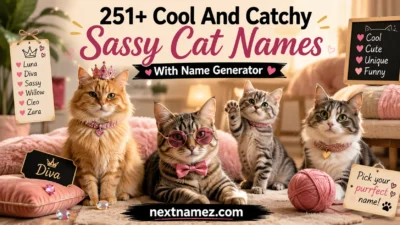 251+ Cool And Catchy Sassy Cat Names With Name Generator featuring stylish cats and creative name ideas