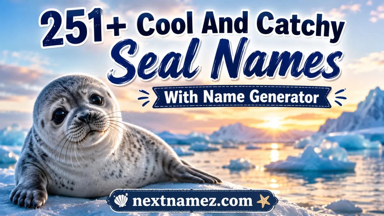 Cute seal pup resting on icy shoreline with ocean waves and text overlay “251+ Cool And Catchy Seal Names With Name Generator” and website “nextnamez.com”