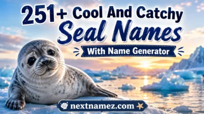 Cute seal pup resting on icy shoreline with ocean waves and text overlay “251+ Cool And Catchy Seal Names With Name Generator” and website “nextnamez.com”