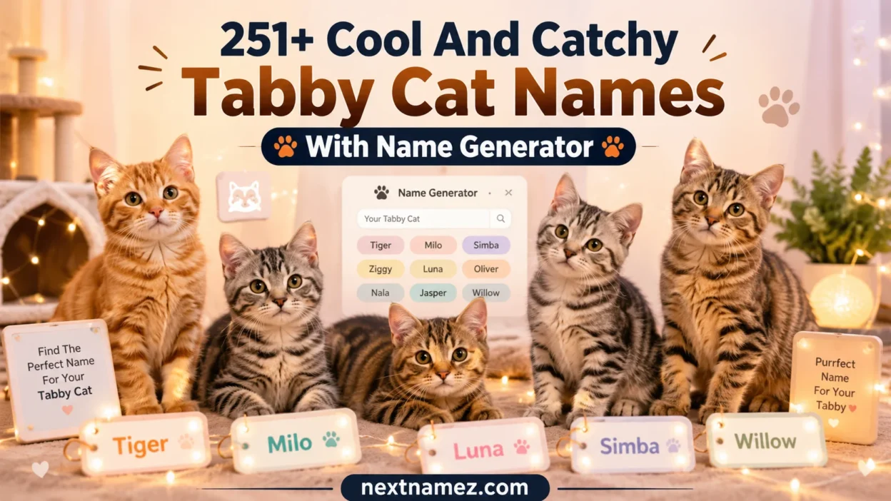 Cute tabby cats with striped patterns surrounded by creative name tags and name generator theme for cat naming ideas blog.