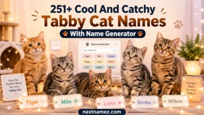 Cute tabby cats with striped patterns surrounded by creative name tags and name generator theme for cat naming ideas blog.
