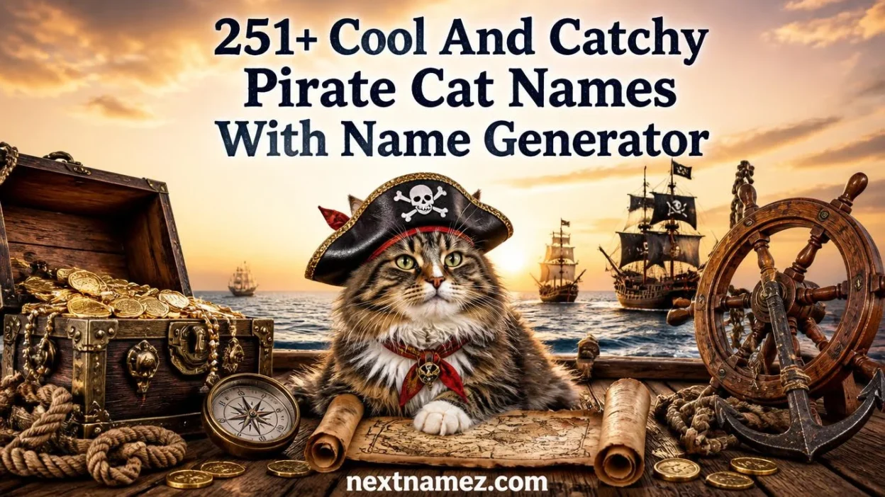 Pirate cat wearing a hat on a treasure-filled ship for 251+ cool pirate cat names