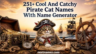 Pirate cat wearing a hat on a treasure-filled ship for 251+ cool pirate cat names